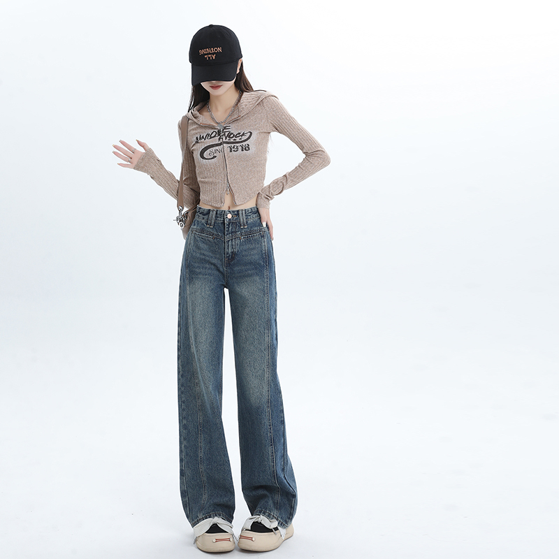 實拍2023秋季時尚設計小眾高腰寬鬆直筒闊腿長褲牛仔褲女
