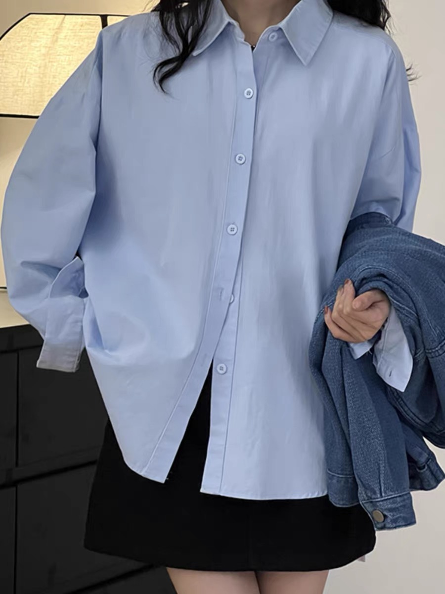 實拍 學院風藍色襯衫女秋季款寬鬆長袖開衫外套防曬襯衣溫柔上衣