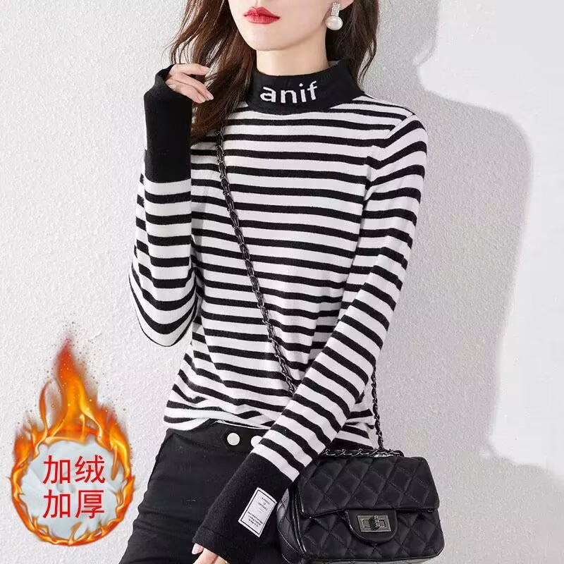 新款ins雙面絨秋冬款打底衫女條紋加絨加厚中高領時尚修身韓版潮