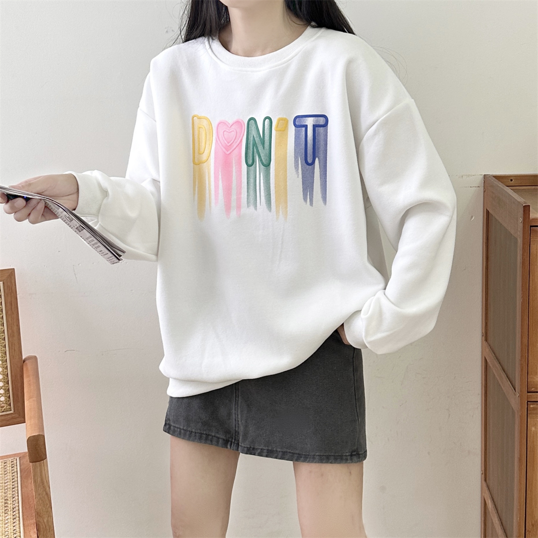 Real shot of large size women's whitewash letter design pattern round neck sweatshirt women's mid-length loose casual top trendy