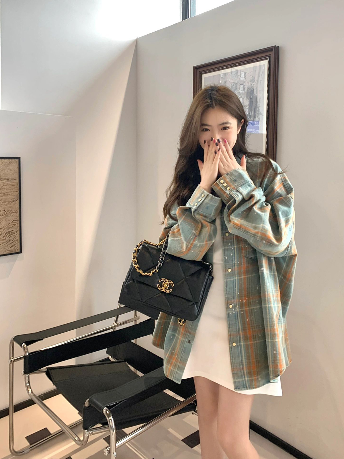 美式復古襯衫外套女士秋季潑墨翻領水洗重工格子寬鬆ovsise上衣