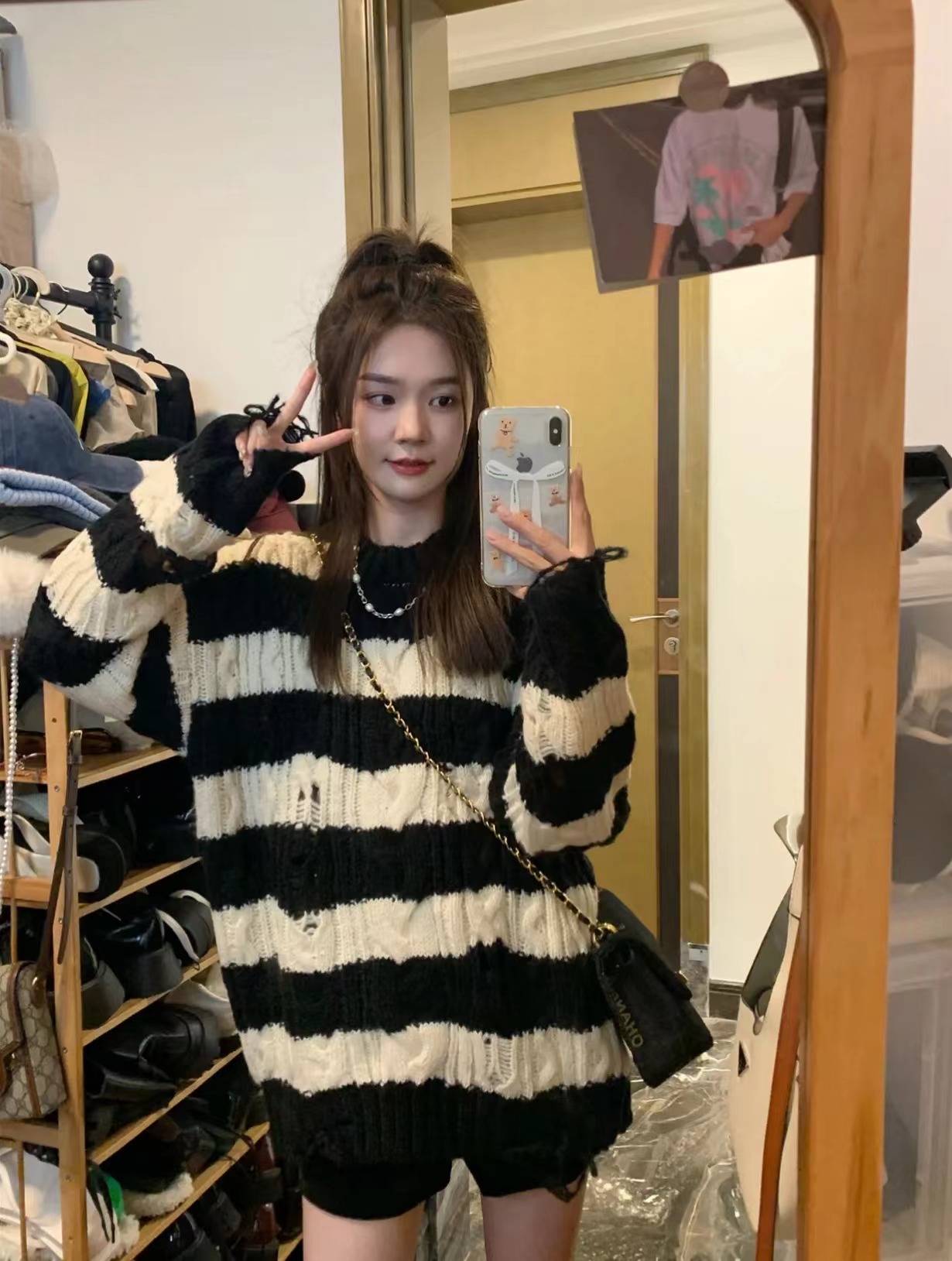 Autumn and winter new Korean style sweater women's irregular hole twist pullover mid-length striped sweater top jacket