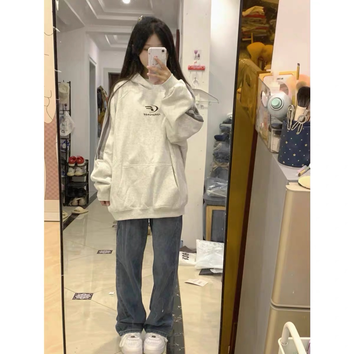 潮牌美式復古vintage連帽衛衣女秋冬加絨加厚oversize三條槓外套