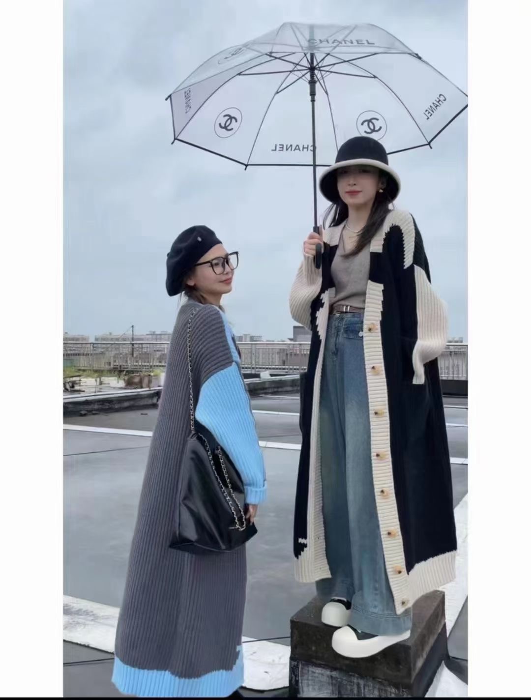 慵懶風氣質小眾拼色設計長款過膝毛針織開衫氣質御姐穿搭韓版休閒