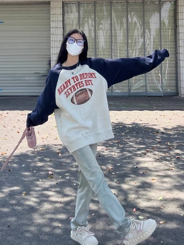 純棉美式復古印花插肩袖拼色加絨圓領衛衣女秋冬國潮高街情侶上衣
