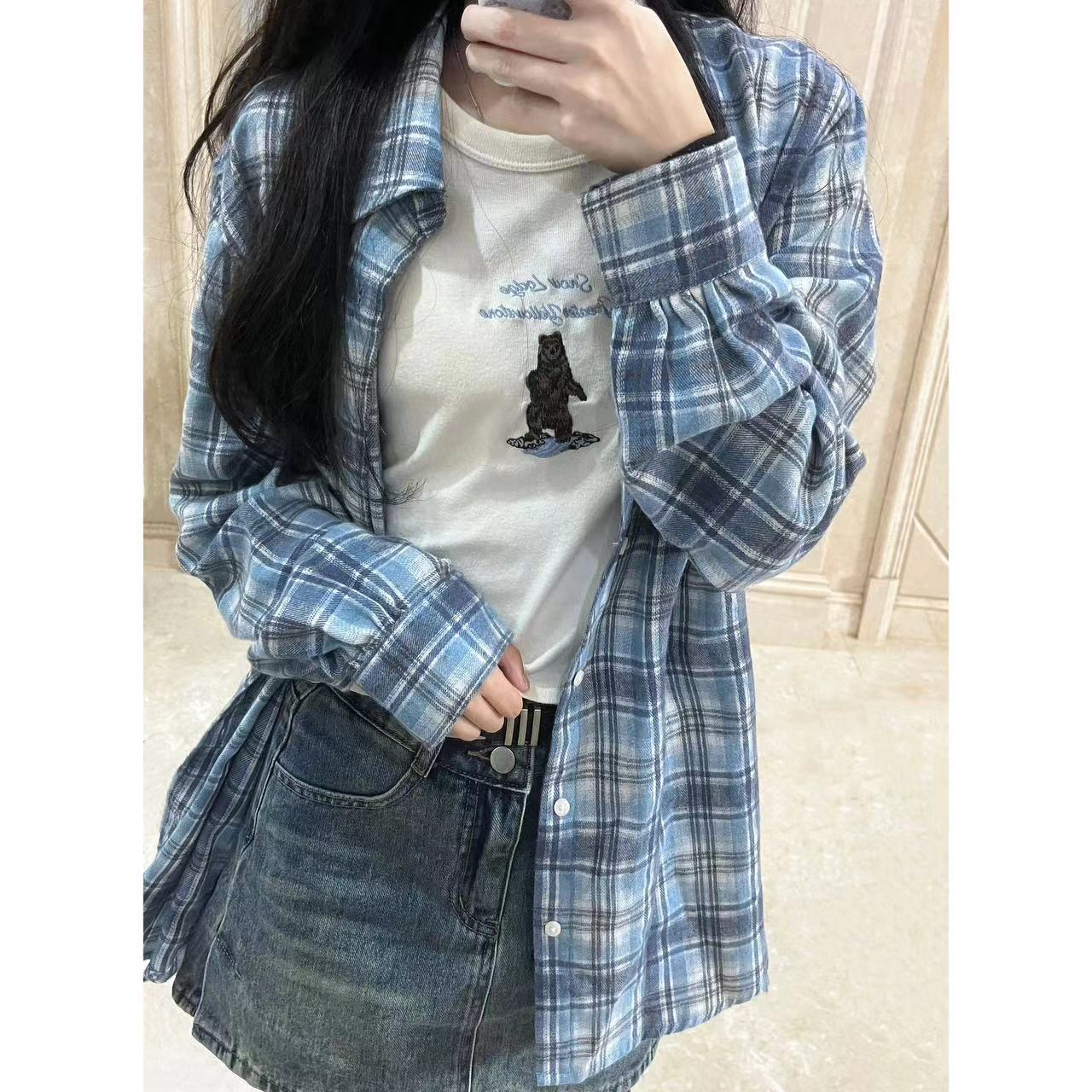 秋季2023新款韓系藍色格子襯衫女寬鬆百搭顯瘦中長款防曬襯衣外穿