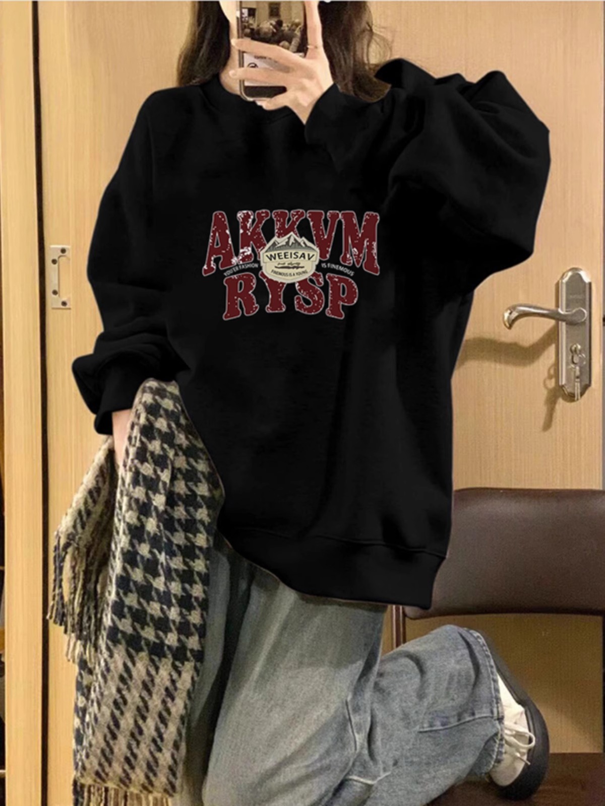 CVC cotton pasta wool Chinese cotton composite/milk silk 300g silver fox velvet 400g front printed round neck sweatshirt for women