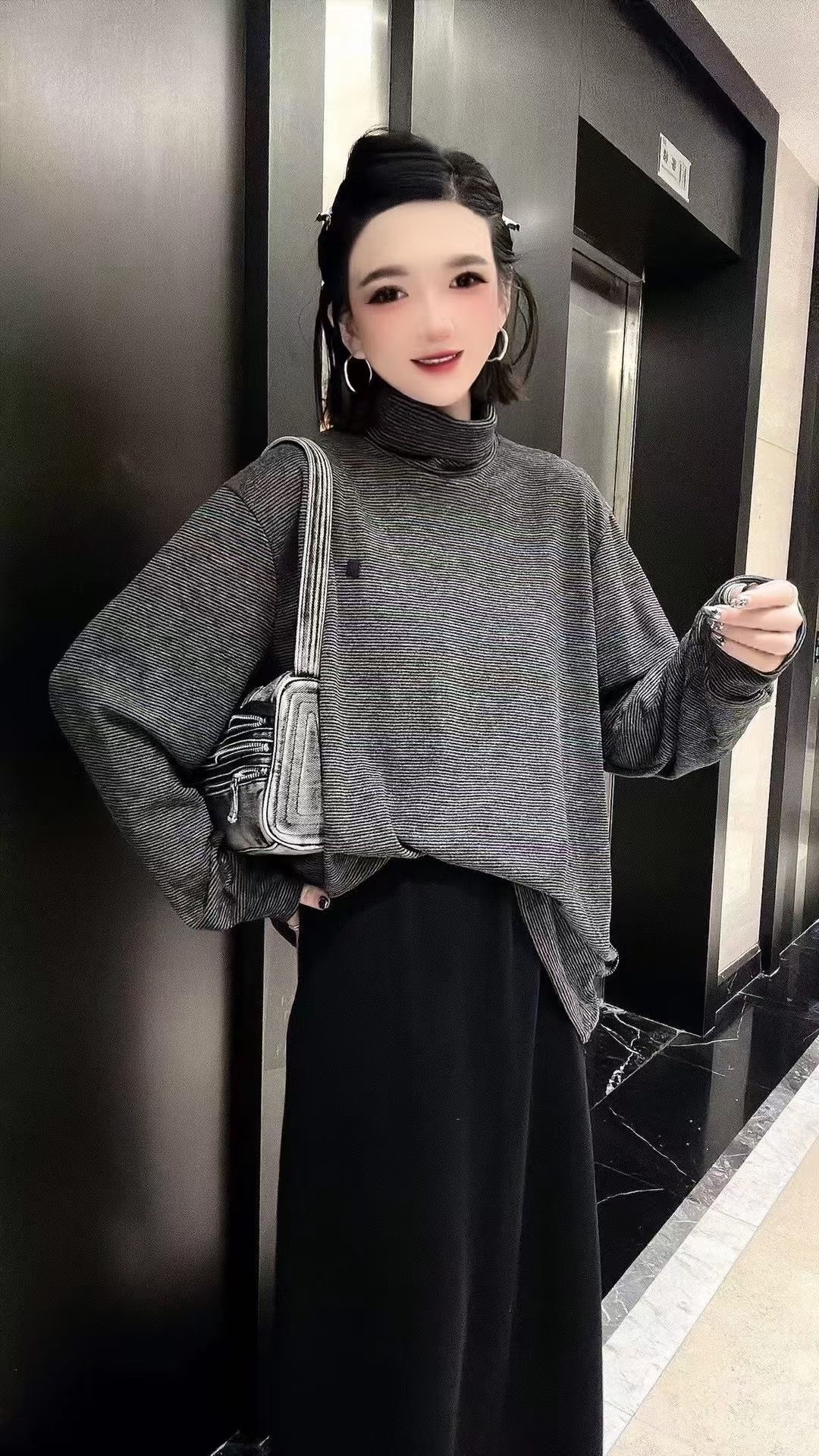 高領打底衫女2023秋季新款韓版寬鬆顯瘦百搭條紋加厚長袖T恤上衣