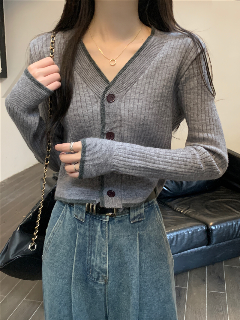 Actual shot of autumn new design with edge v-neck knitted cardigan sweater jacket