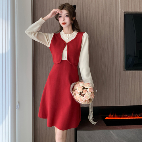  autumn and winter new age-reducing fashion splicing fake two-piece versatile slimming long-sleeved knitted dress for small fragrant women