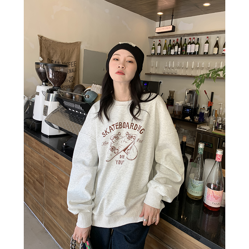 秋冬季2023新款韓版寬鬆圓領衛衣女潮牌加絨上衣女