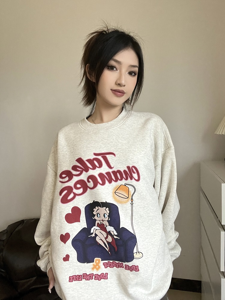 2023華棉複合薄款310克/加絨410克 秋冬裝衛衣女印花寬鬆大碼