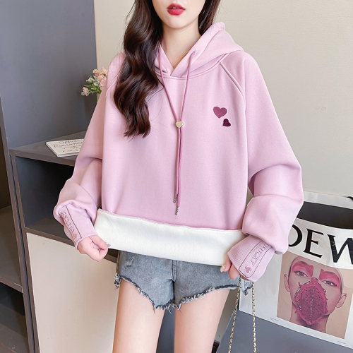 Real shot of Chinese cotton composite true super plus velvet thickening 400g sweatshirt women's hooded embroidered thermal top plus size women's clothing