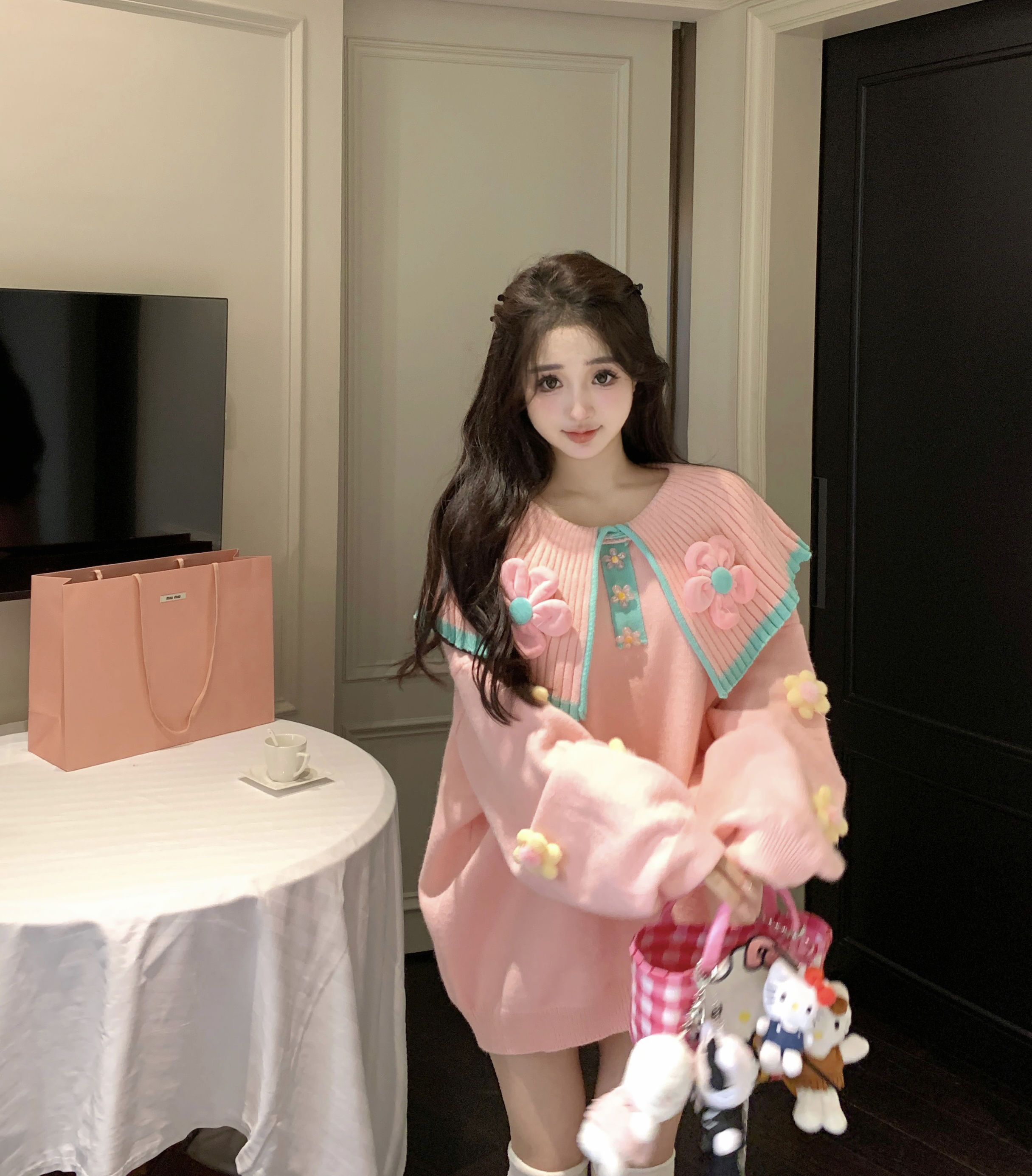 實拍 秋冬甜美軟糯套頭毛衣女裝設計感小眾娃娃領針織衫上衣