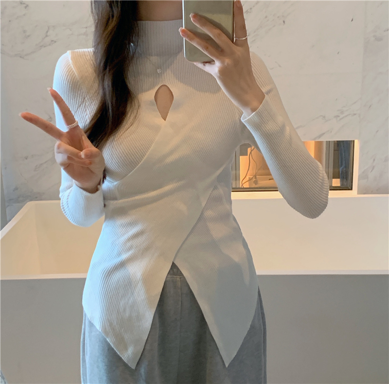 包芯紗 設計感小眾修身半高領鏤空打底針織衫毛衣女