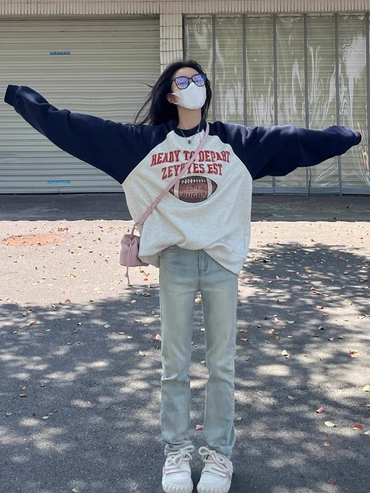 純棉美式復古印花插肩袖拼色加絨圓領衛衣女秋冬國潮高街情侶上衣