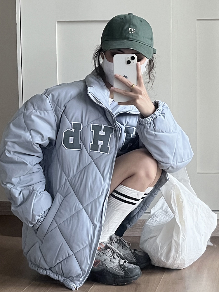Real shot of down cotton coat for women ins American diamond plaid cotton coat Korean style cotton jacket oversize thickened student jacket