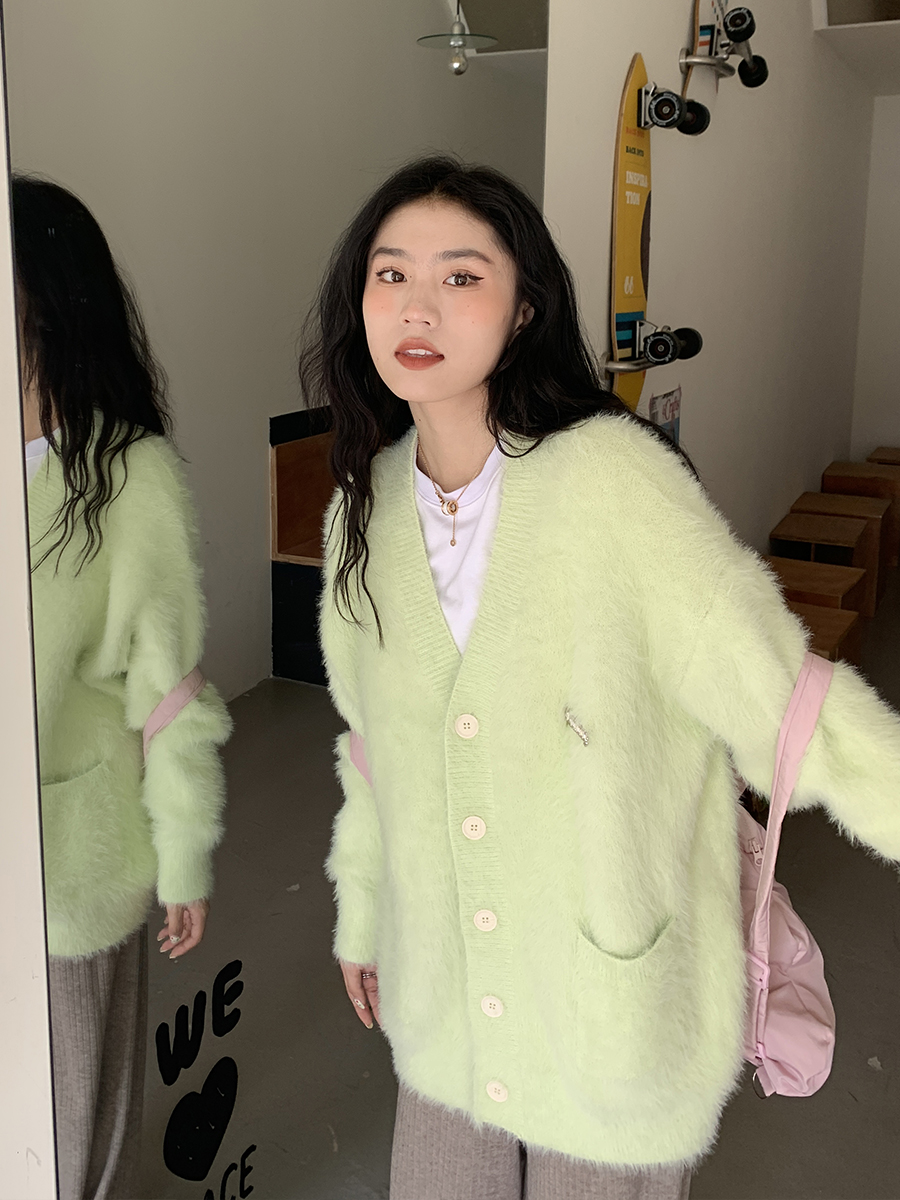 橘子樹在哪兒奶系甜美水貂絨毛衣外套女秋季韓版溫柔寬鬆針織開衫