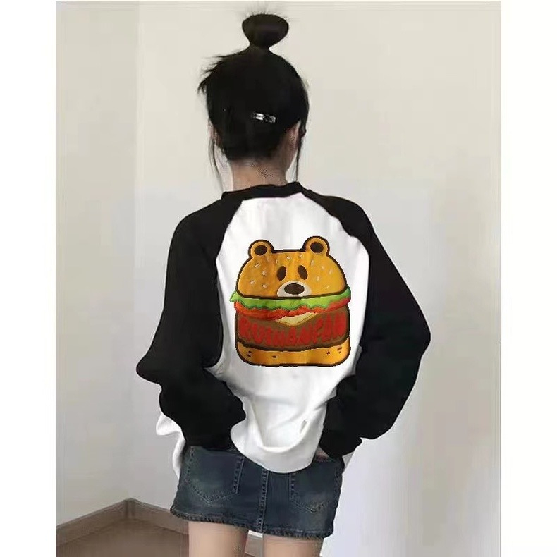 Black and white color-blocked raglan long-sleeved T-shirt for women in spring and autumn, casual loose slimming mid-length inner bottoming shirt top