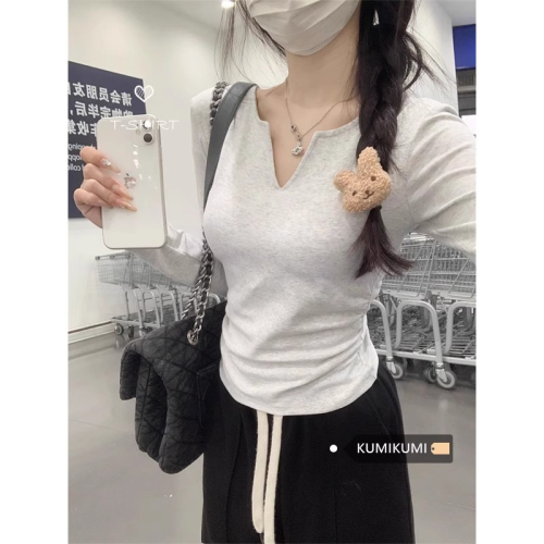 Official picture 40 count cotton rib 92 cotton 8 spandex long-sleeved T-shirt women's autumn slim V-neck pleated top