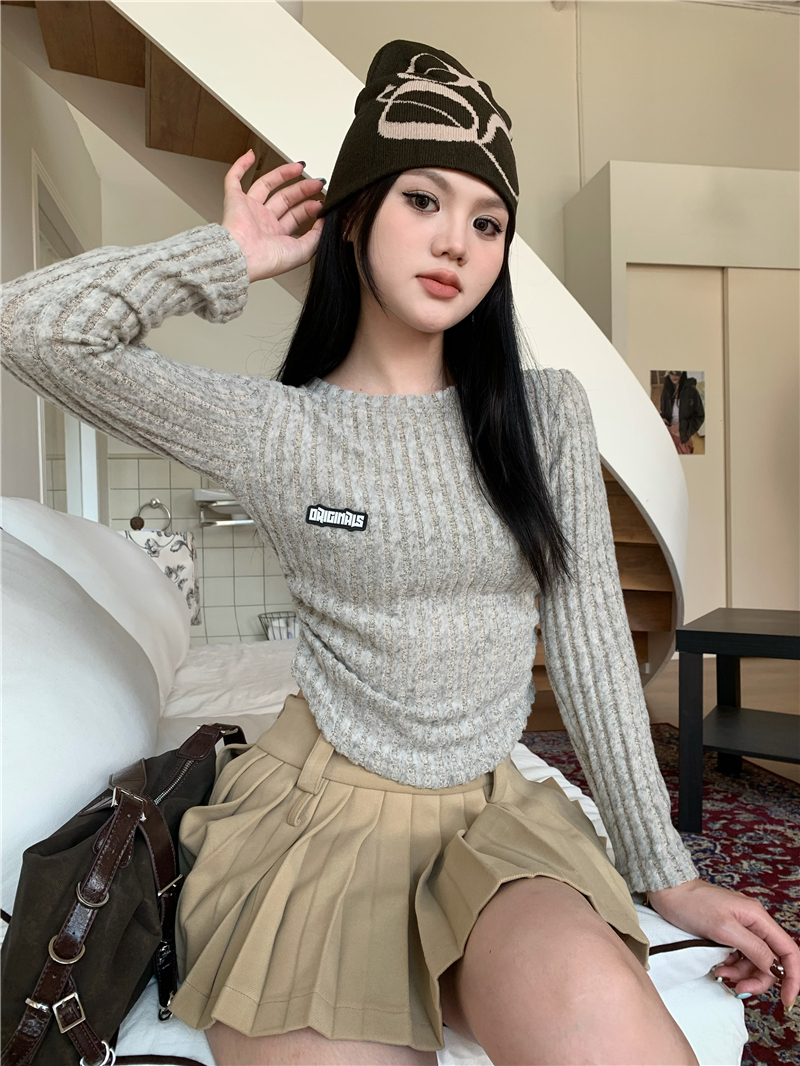 Real shot Designed plush waisted short long-sleeved T-shirt