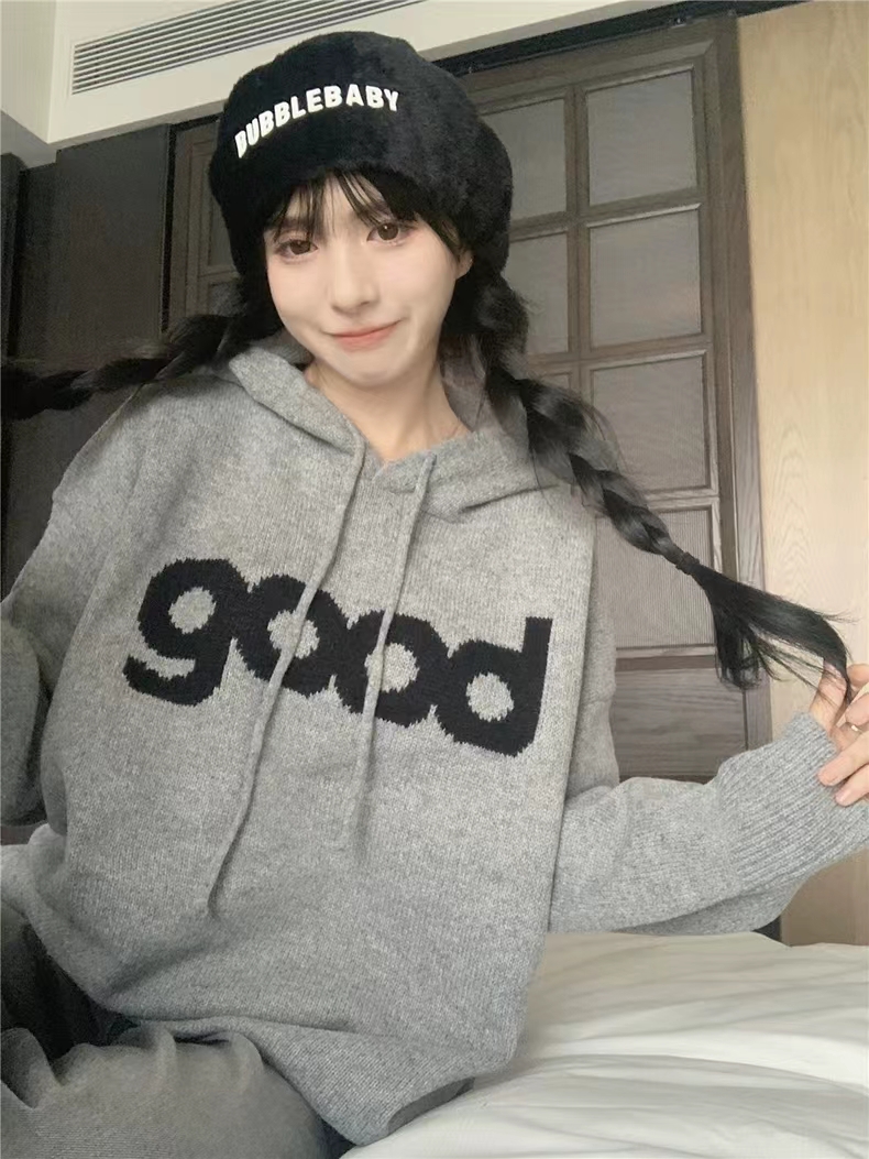 韓系溫柔風連帽毛衣女秋冬新款設計感小眾內搭可愛灰色針織衫上衣