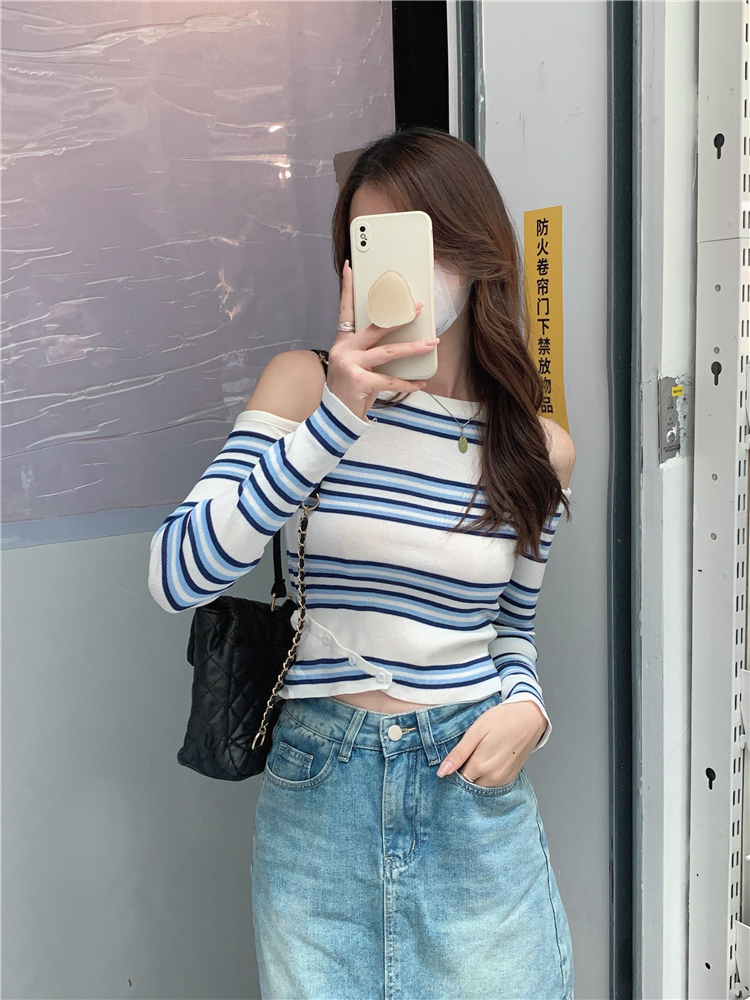 1004#實物實拍露肩條紋長袖針織衫女秋裝顯瘦短款辣妹上衣