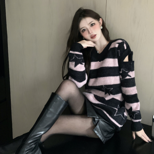 Real shot winter new style~Korean style star striped sweater long-sleeved detachable knitted top for women