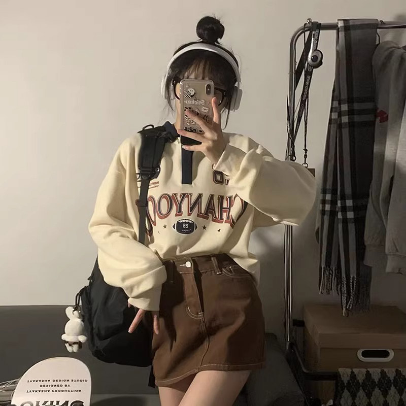 原版做工美式2023年小眾復古字母印花polo衫翻領長袖T恤女上衣