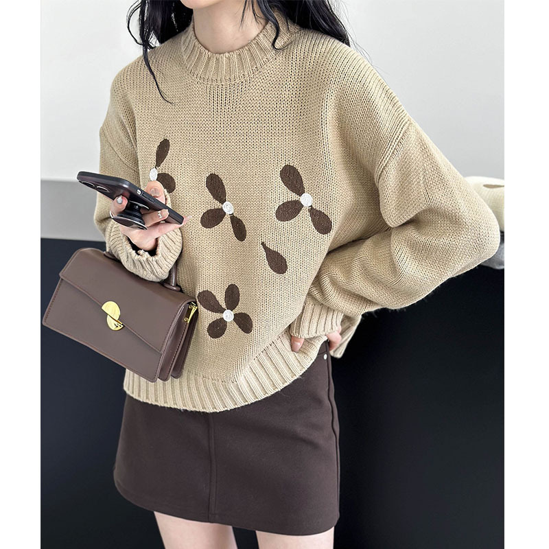 實拍~秋冬流行怎麼穿暖 女2023新款韓系印花復古寬鬆針織小衫