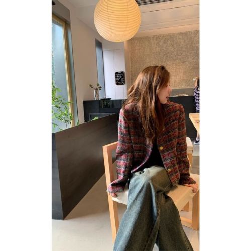 imxiang gilt peninsula burgundy contrast plaid braided style small fragrant style short coat women's daughter top