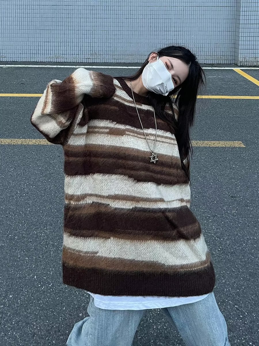 hiphop潮牌美式嘻哈hiphop條紋毛線衣復古男女休閒寬鬆毛衣冬