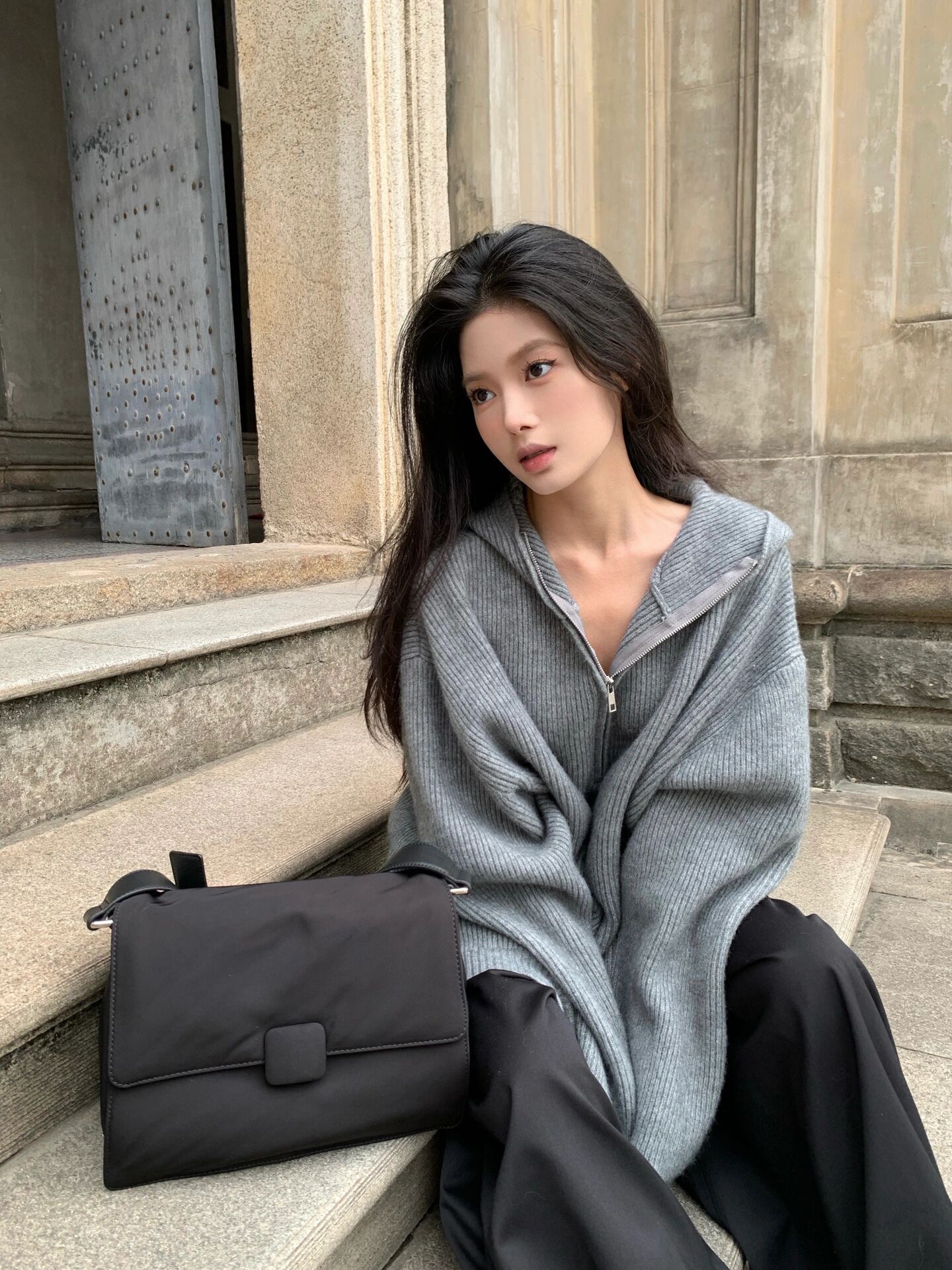 韓系慵懶風毛衣女高級感連帽半拉鏈設計秋冬套頭寬鬆針織衫