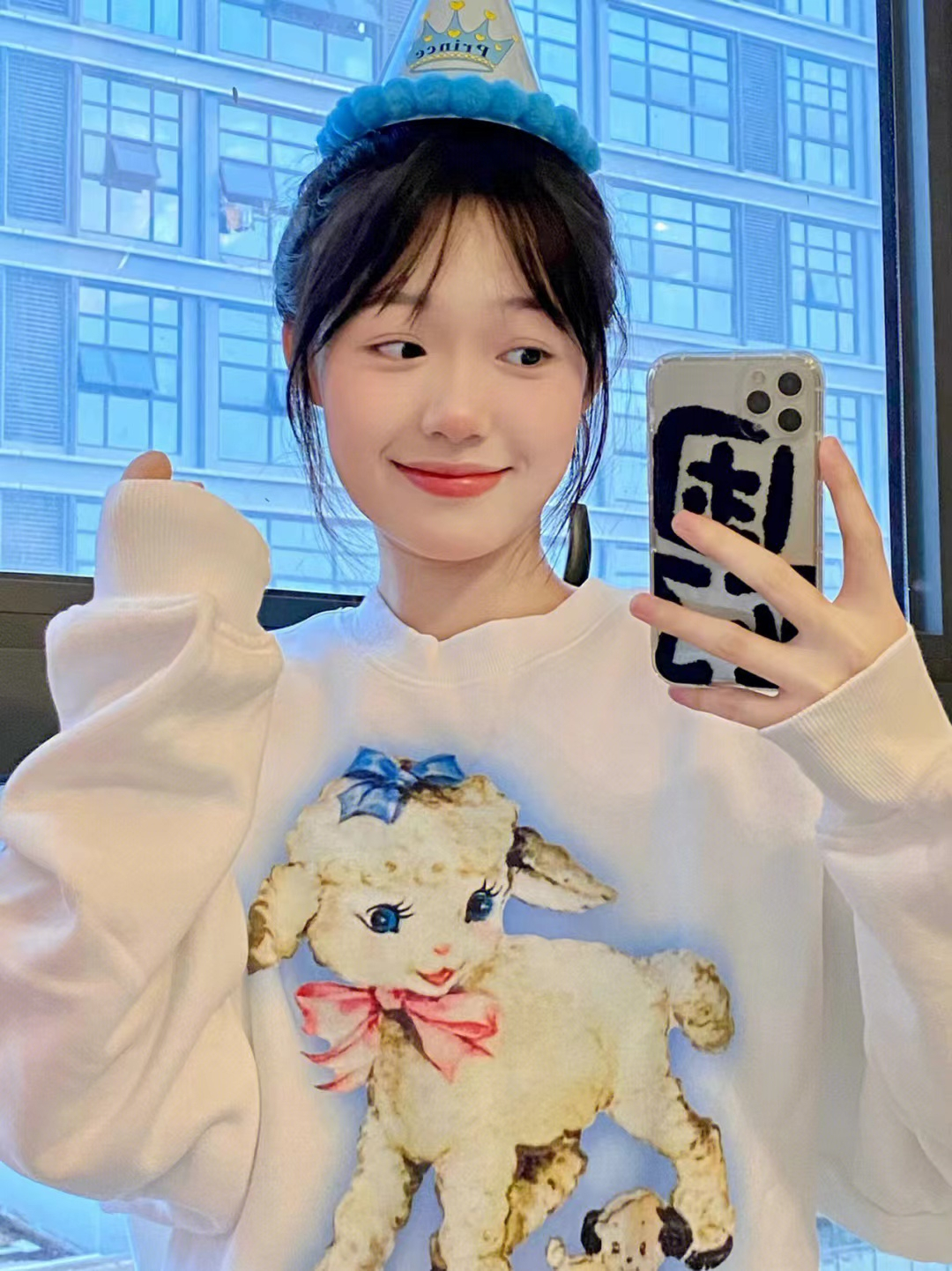 秋冬加絨小羔羊卡通可愛動物印花美式套頭圓領衛衣潮牌少女
