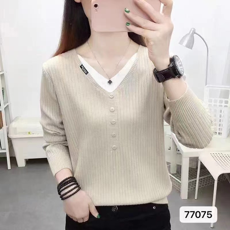 2023秋季新款韓版氣質修身V領假兩件純色時尚長袖上衣女
