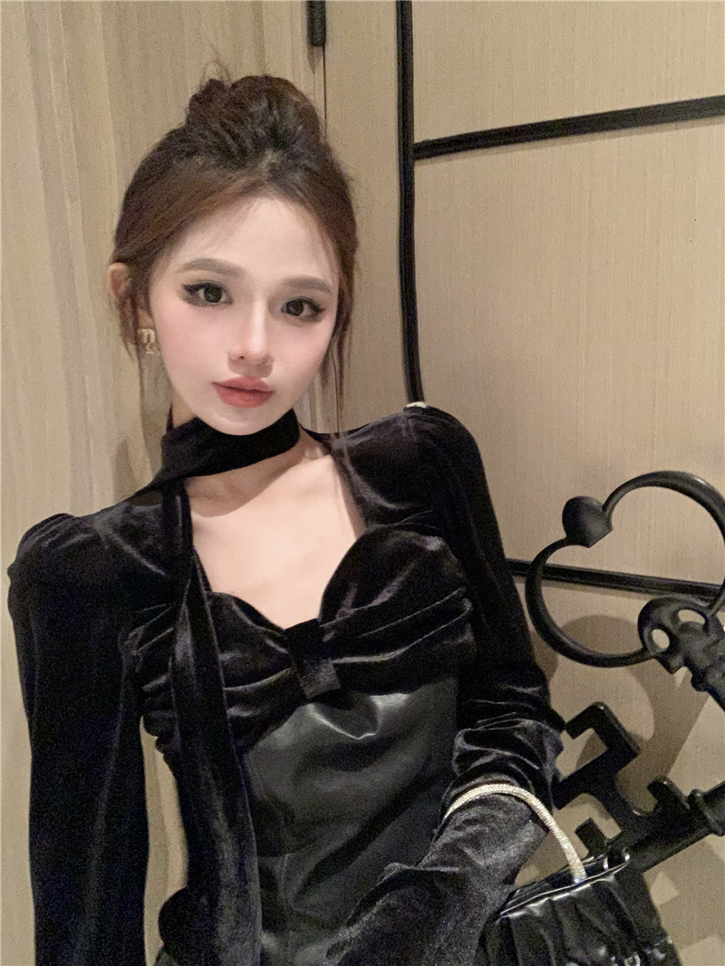 實拍~2023秋冬法式復古氣質方領拼接修身絲絨襯衣輕熟風上衣