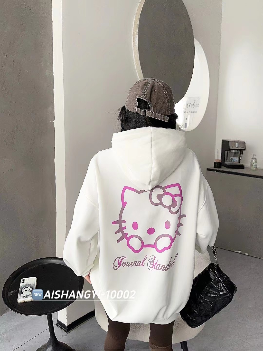2023秋冬加絨加厚寬鬆衛衣美式潮牌前後印花卡通凱蒂貓大版衛衣女