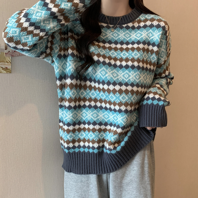 毛衣女秋冬季復古日系提花條紋套頭針織衫小個子寬鬆慵懶外穿上衣