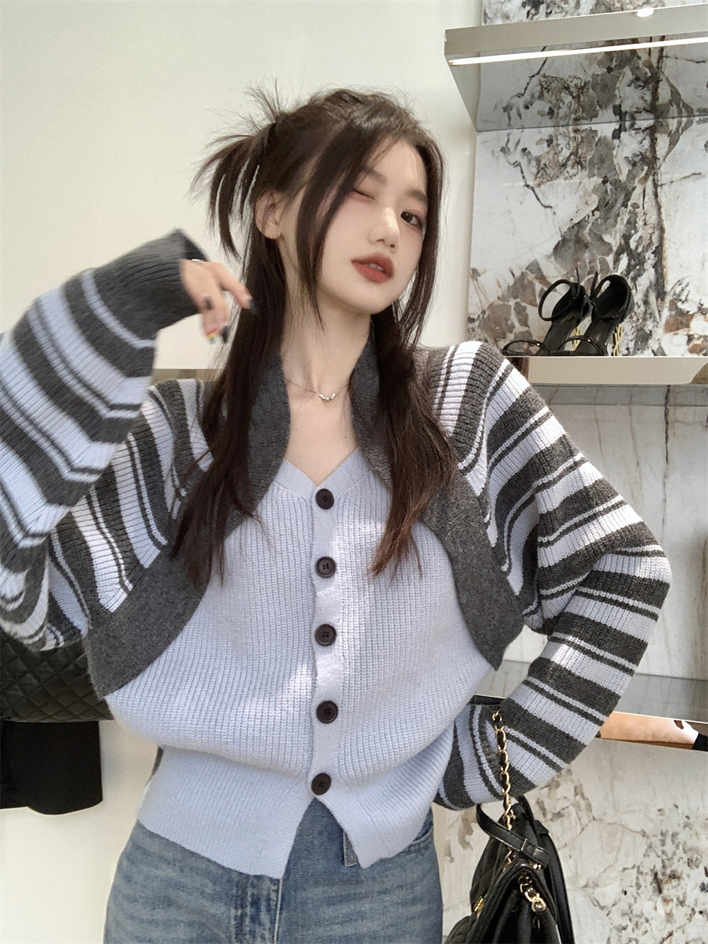 休閒條紋長袖拼接假兩件V領毛衣女春秋冬復古百搭針織開衫上衣潮
