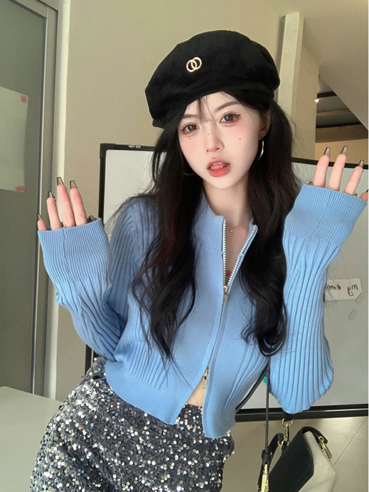 時尚辣妹修身短款長袖針織衫秋季2023新款BM顯瘦拉鏈開衫上衣女潮