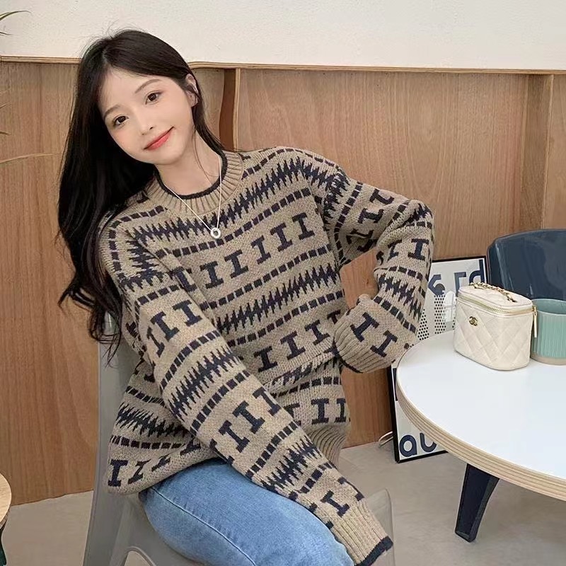 復古慵懶風毛衣女秋冬加厚新款2023設計感小眾寬鬆休閒針織衫上衣