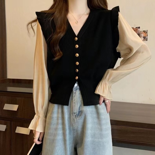  MM new autumn style puff sleeve ruffled V-neck knitted cardigan spliced ​​fake two-piece long-sleeved top trendy~