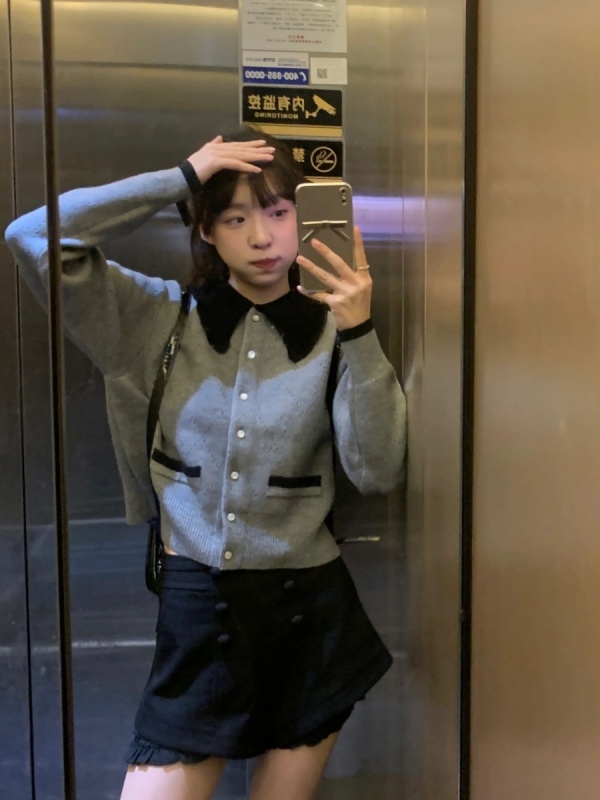 灰色娃娃領毛衣開衫外套女2023秋冬新款單排扣寬鬆軟糯針織衫上衣