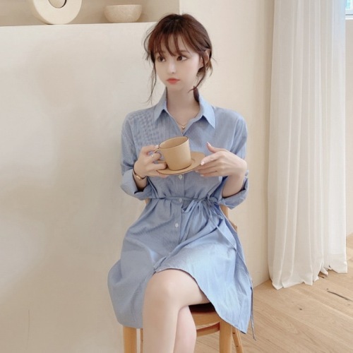 Korean style niche mid-length waist slimming striped temperament shirt dress for women spring and autumn new style