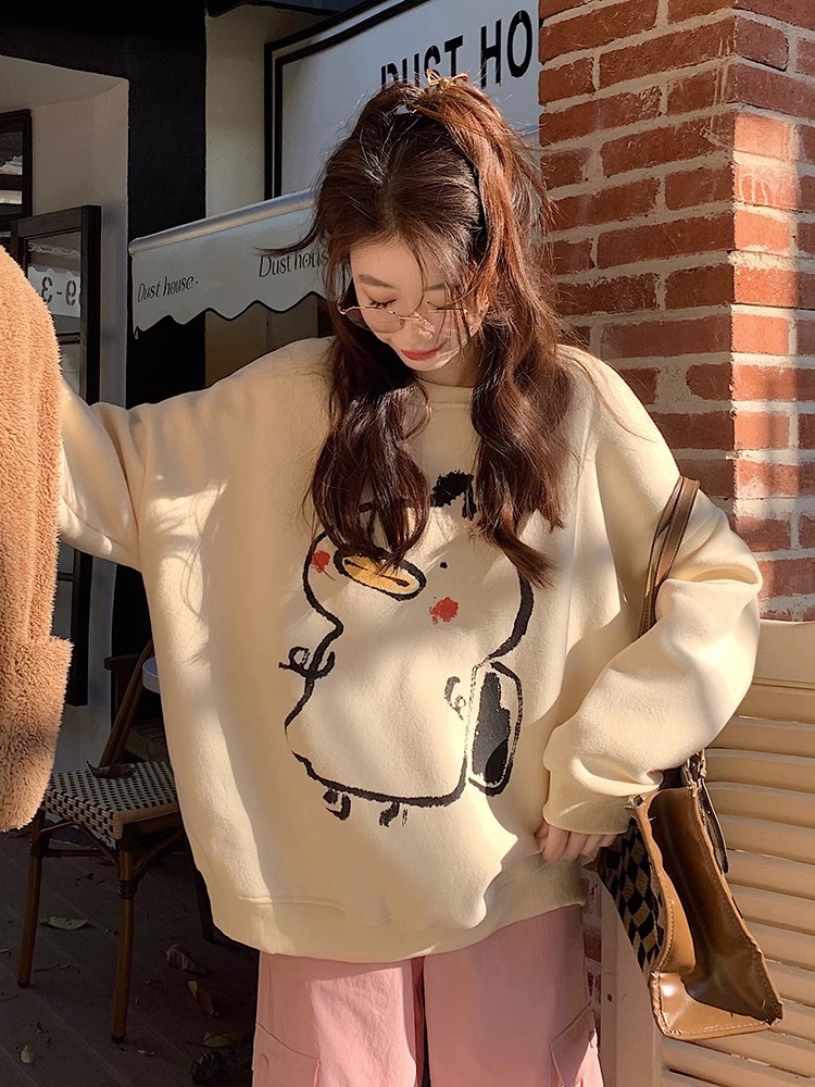 CVC cotton pasta wool Chinese cotton composite/milk silk 300g silver fox velvet 400g front printed round neck sweatshirt for women