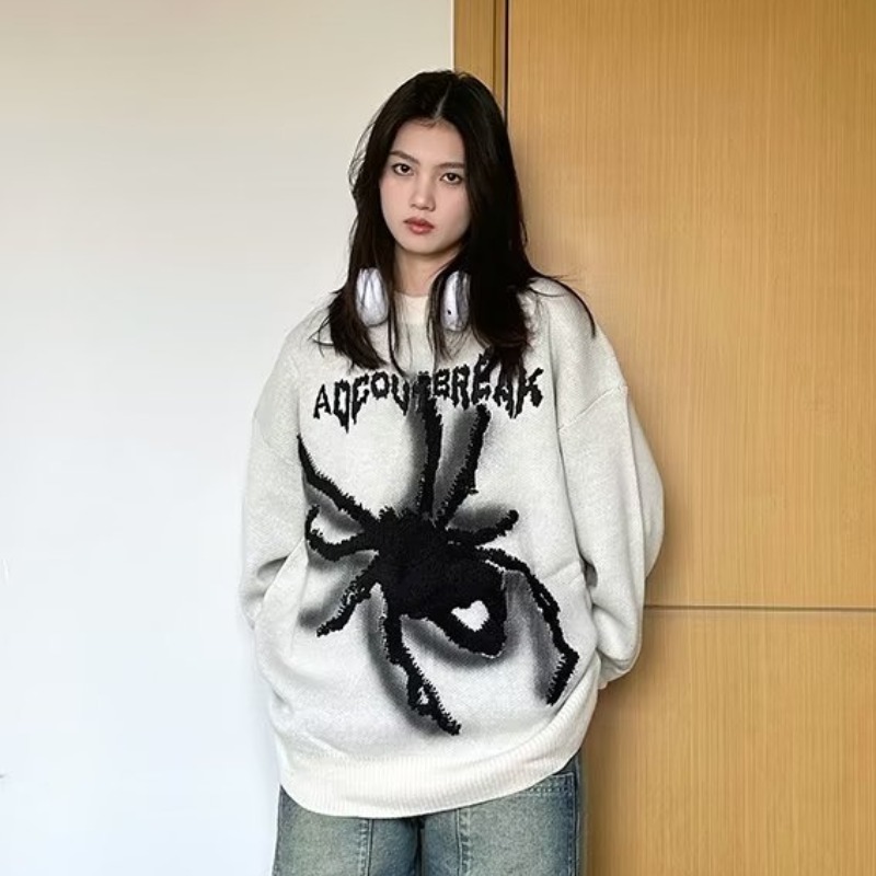 美式街頭刺繡蜘蛛毛衣女秋冬2023慵懶chic潮流百搭針織衫上衣