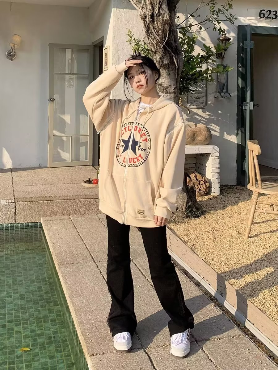 秋冬新款美式復古潮流印花連帽衛衣女寬鬆長袖Ins百搭袖子可拆卸
