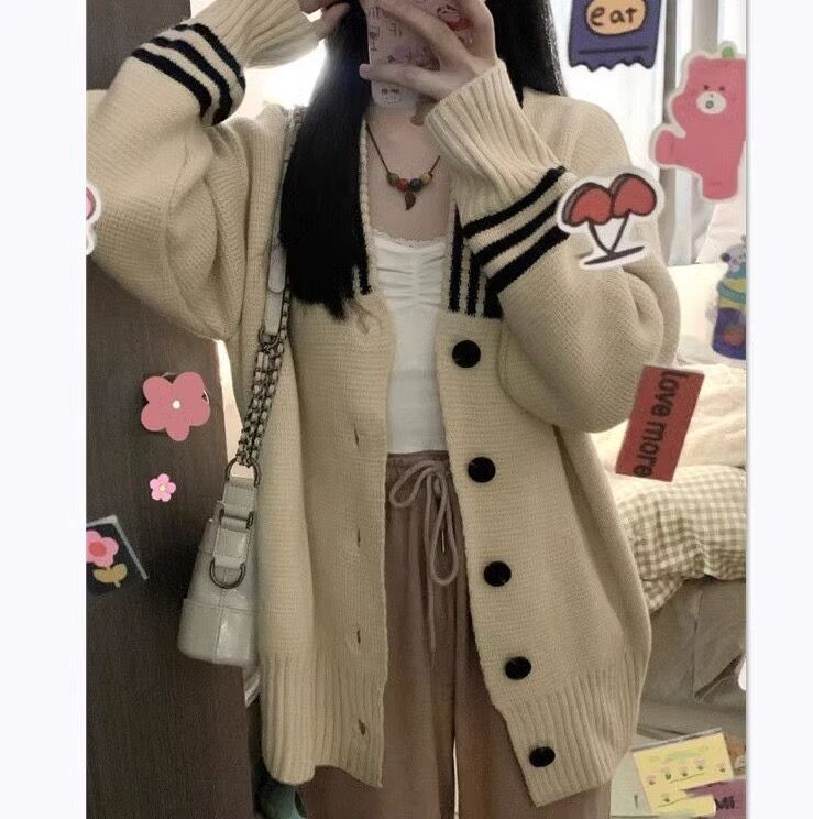 Autumn and winter badge Korean sweater sweater cardigan women's V-neck top color matching college style loose student versatile
