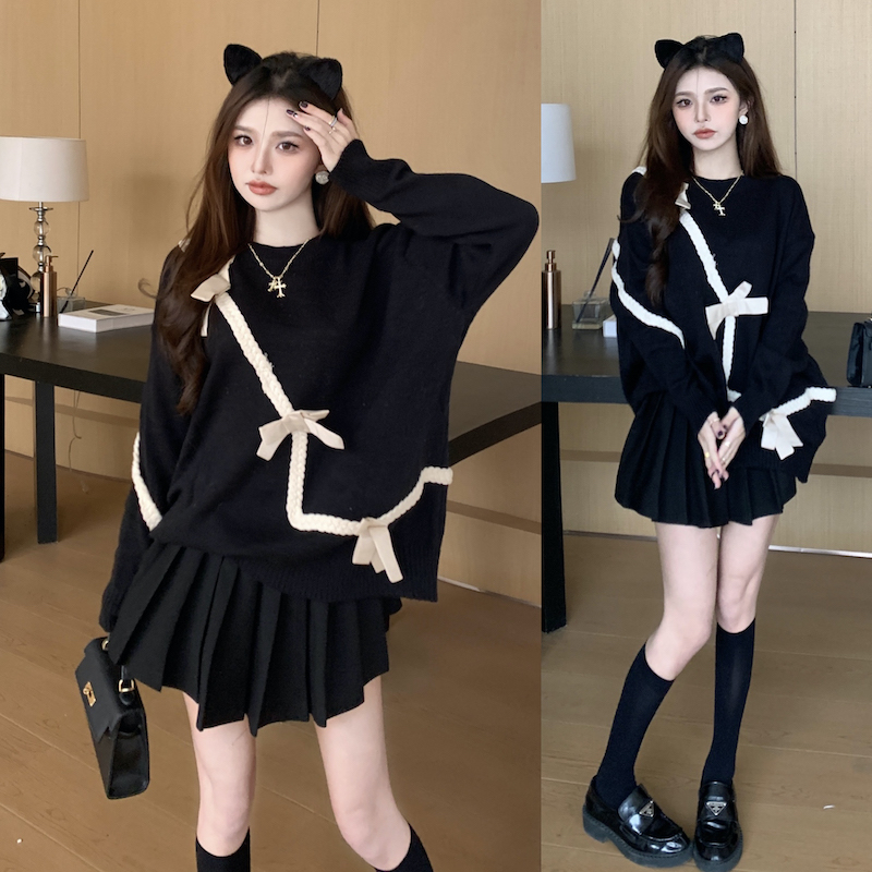 實拍 新款毛衣女百搭韓版寬鬆學生蝴蝶結系帶套頭針織