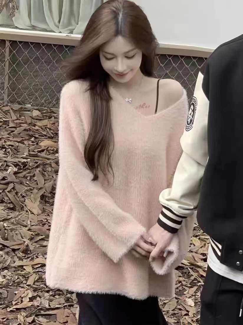 Soft and waxy mink velvet sweater for women in autumn and winter new style lazy pure lust pink V-neck loose mid-length sweater jacket